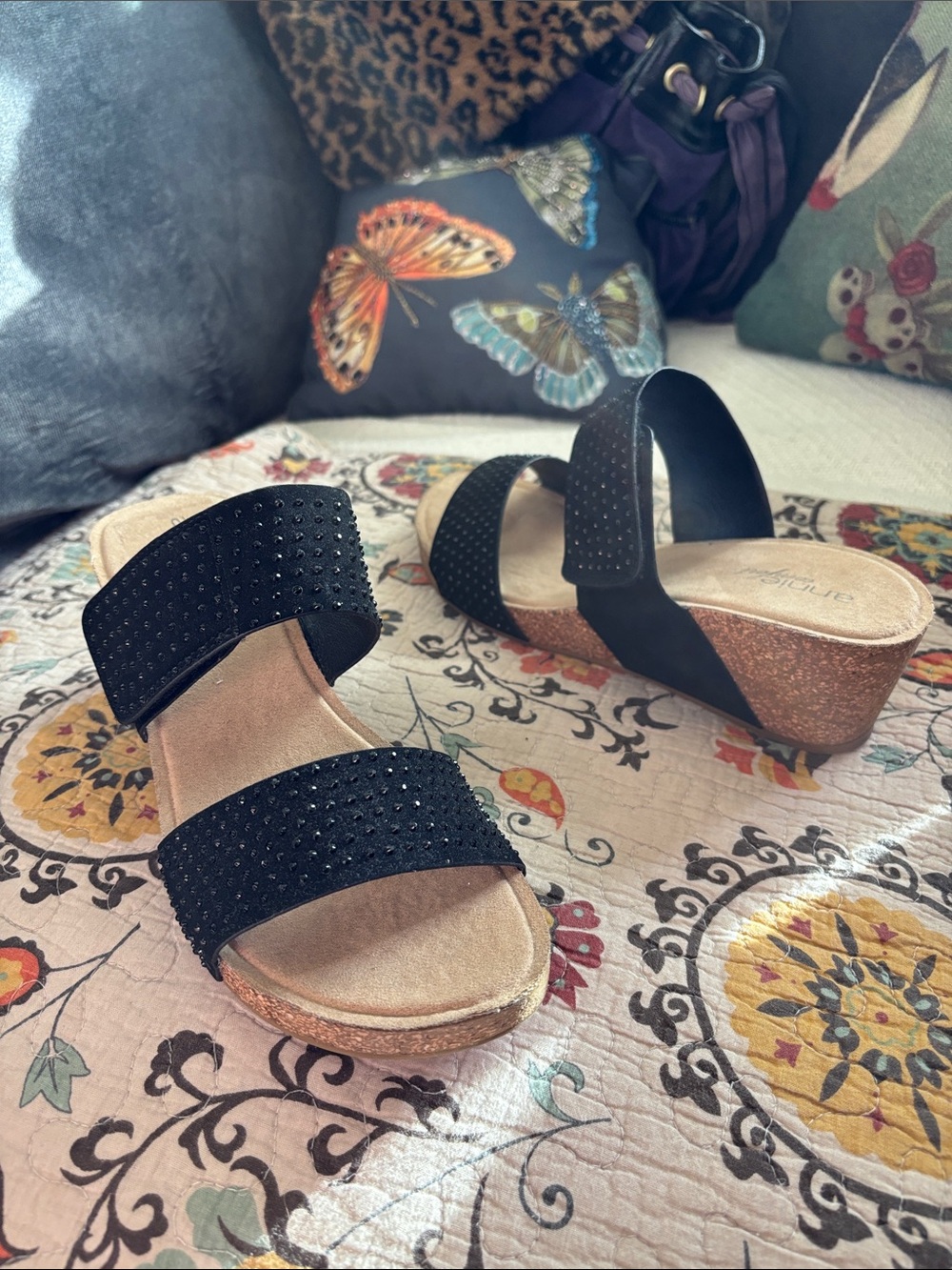 Cork Wedge Black Rhinestone Covered Double Strap Slide Sandals Size 11M - Picture 10 of 16